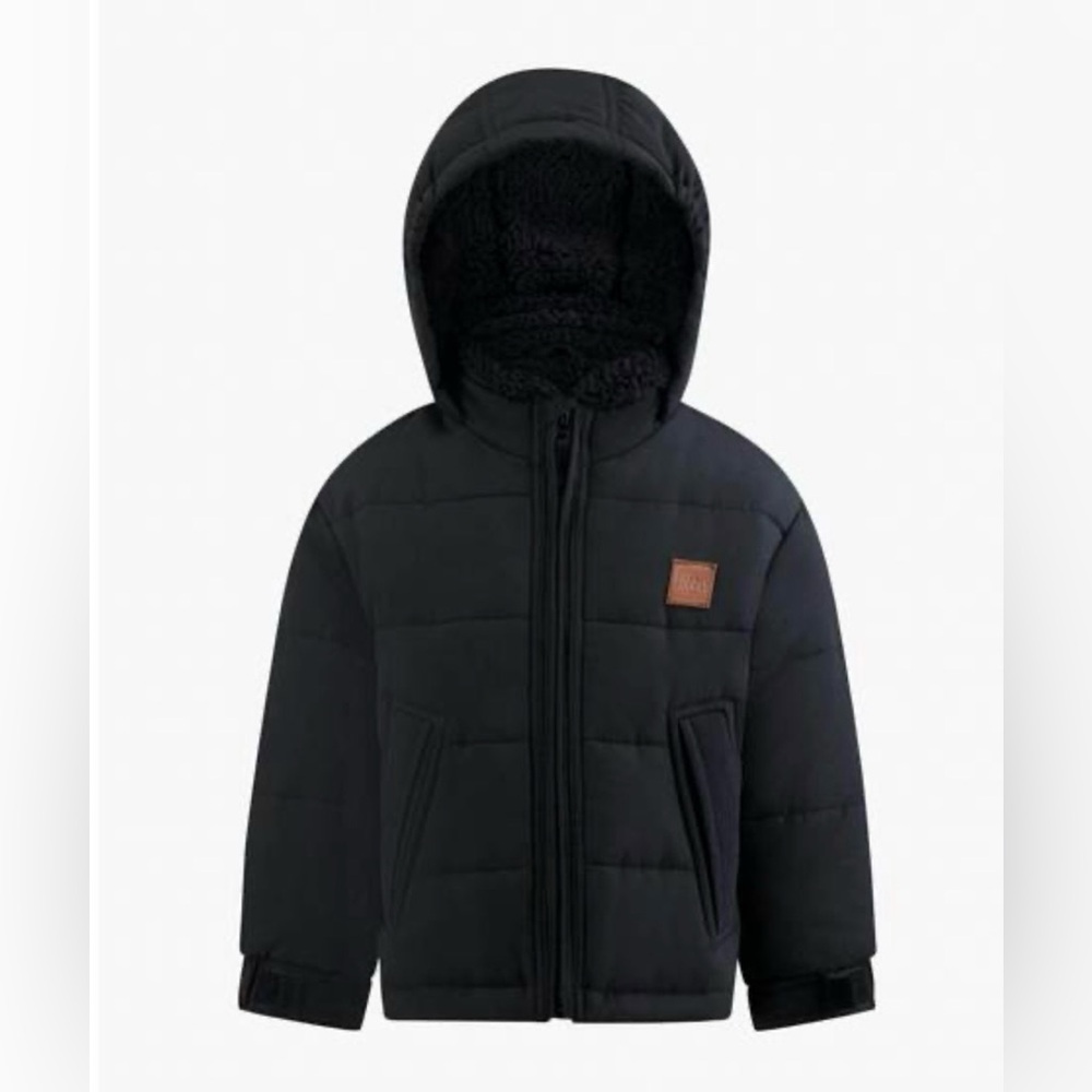 London Fog Black Quilted Hooded Puffer Jacket with Sherpa Lining Size 12M. R13